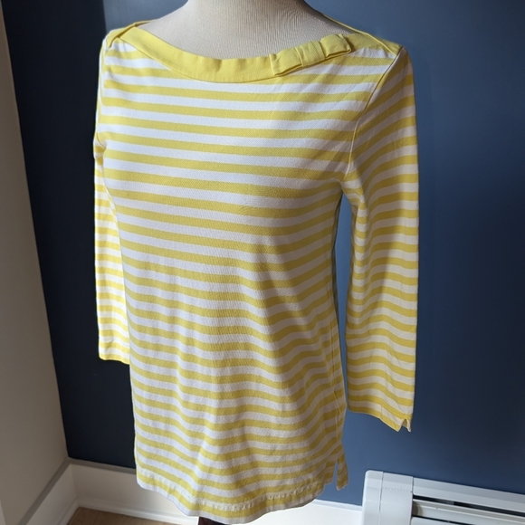 Kate Spade Women's Devon 3/4 Sleeve bow tie Striped Top Yellow White cotton Sz S - Picture 3 of 9